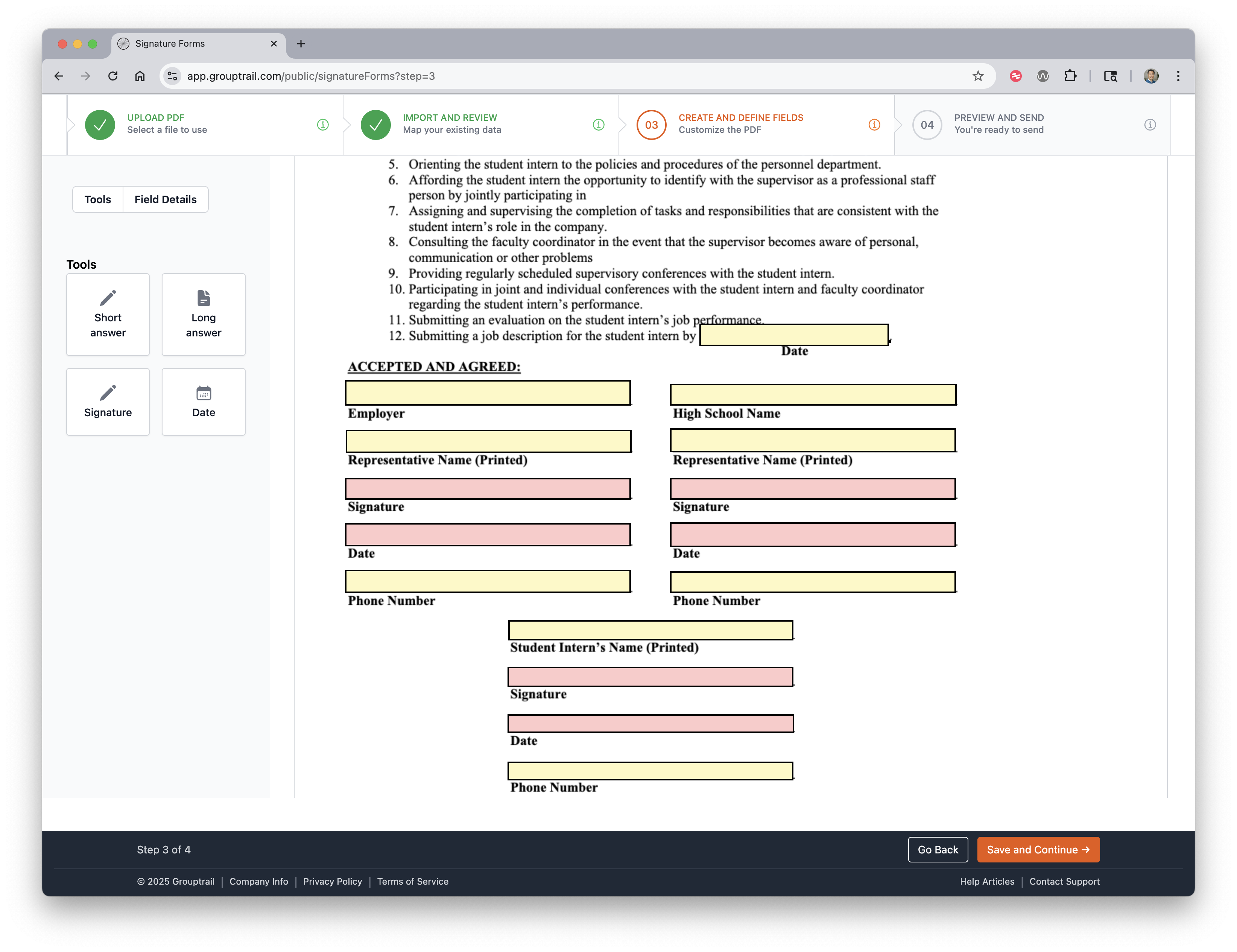 Grouptrail Sign create and define fields